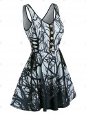 Sleeveless Tree Print Lace-up Mini Dress