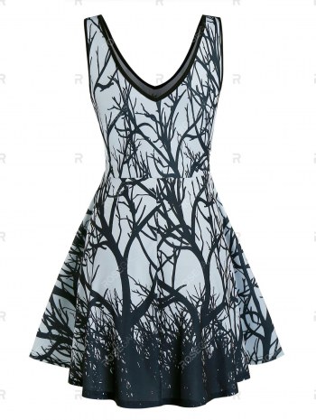 Sleeveless Tree Print Lace-up Mini Dress