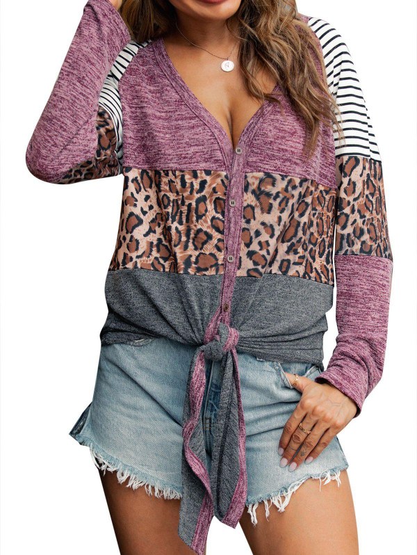 Striped Leopard Heathered Self-tie Knitwear