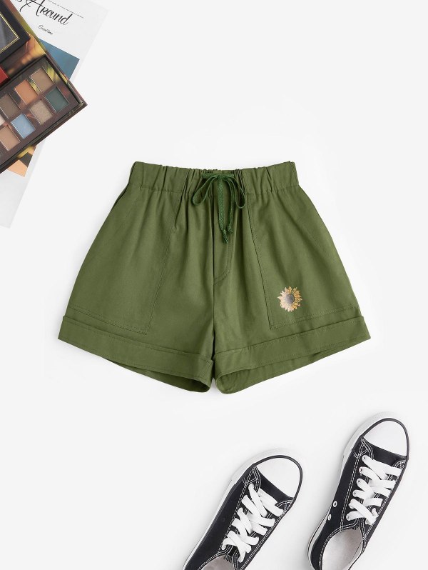 Sunflower Print Pocket Drawstring Wide Leg Shorts