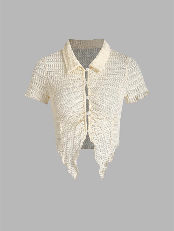 Textured Loop Button Scarf Hem Slit Top