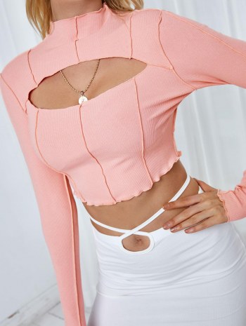 Topstitching Cutout Ribbed Cropped Tee