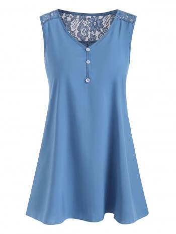 V Neck Lace Panel Silky Side Slit Tunic Top