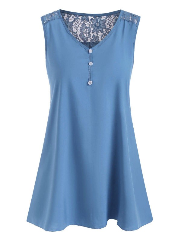 V Neck Lace Panel Silky Side Slit Tunic Top