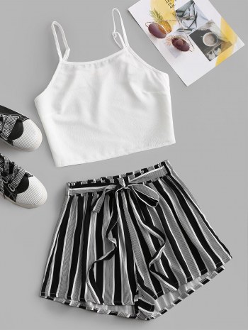 Waist Tie Striped Two Piece Set