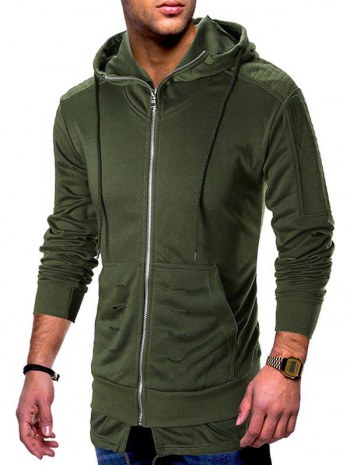 Zip Up Ripped Pleated Long Sleeve Hoodie